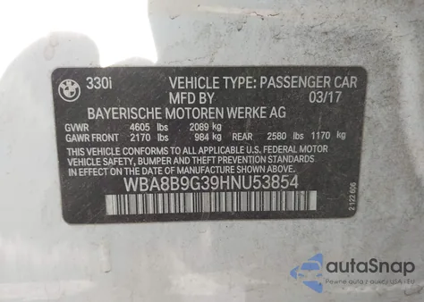 2017 BMW 330I from USA, damaged, VIN WBA8B9G39HNU53854